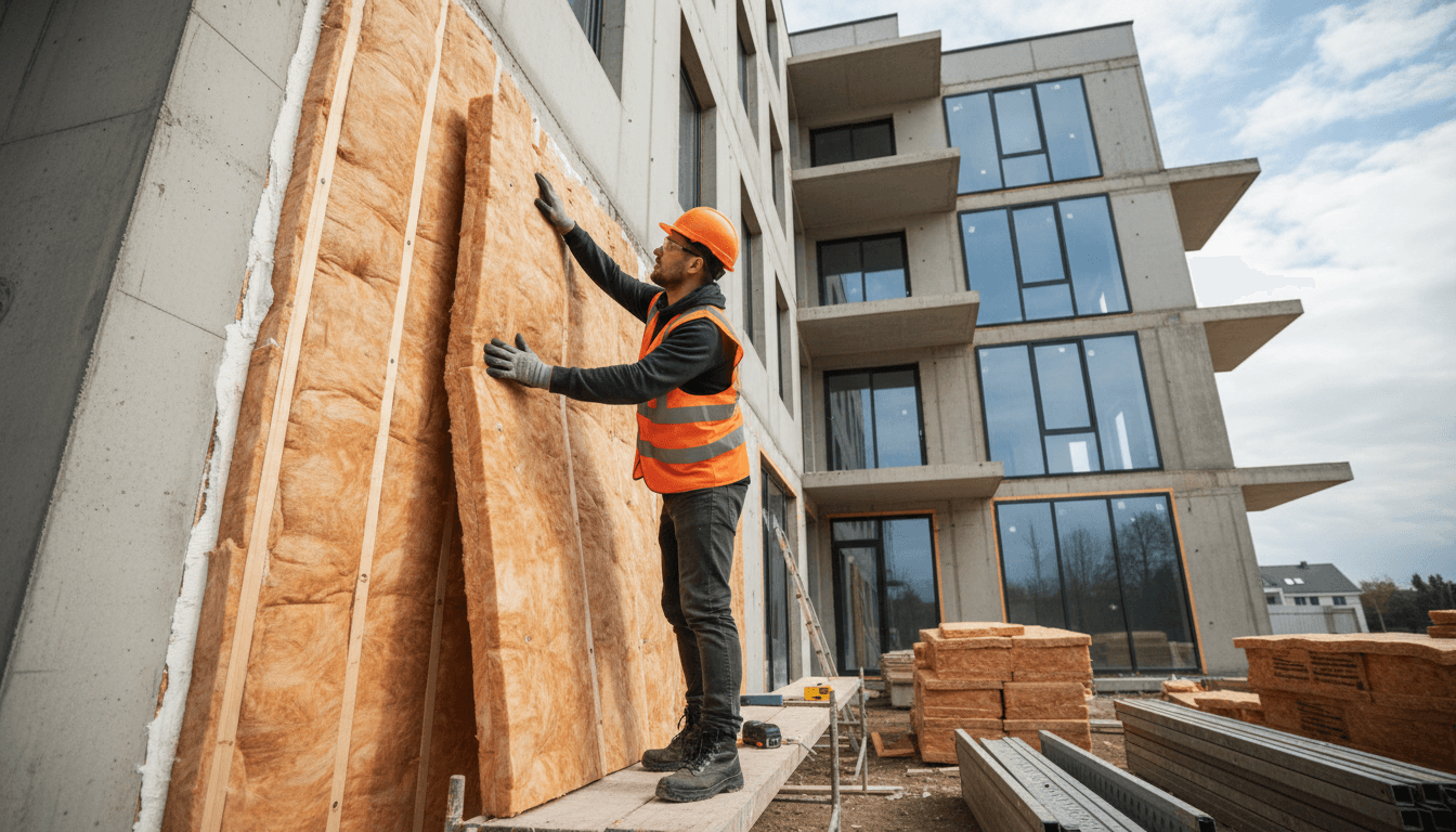 Operaio specializzato di T.T Srls applica isolamento termico su una facciata di edificio con precisione e competenza professionale